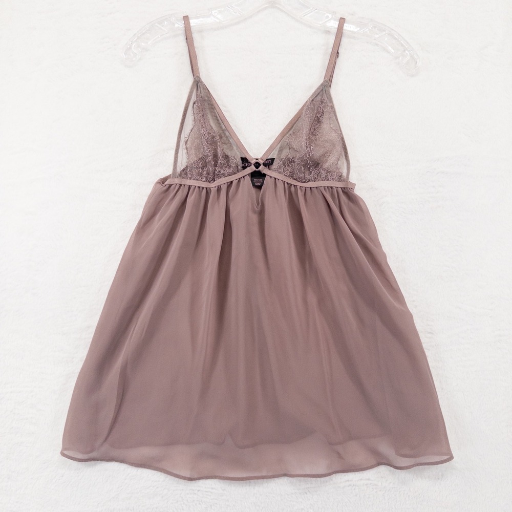 Victoria's Secret Womens Babydoll Top M Mauve Purple Lace Mesh Lingerie Camisole